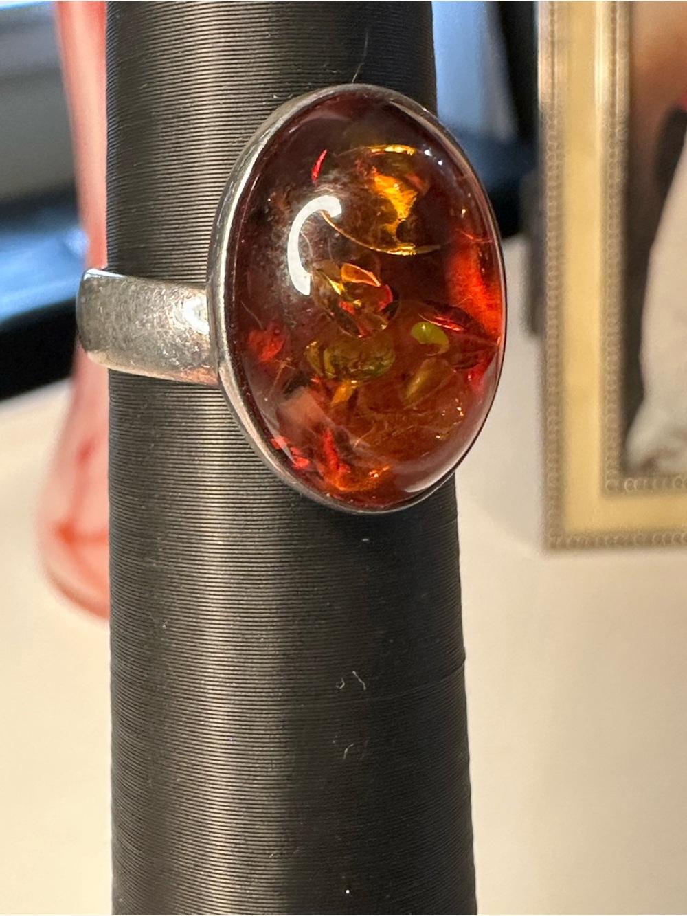 Vintage Sterling Silver Baltic Amber Cabochon Ring Adjustable Size 7.5 - Picture 8 of 11